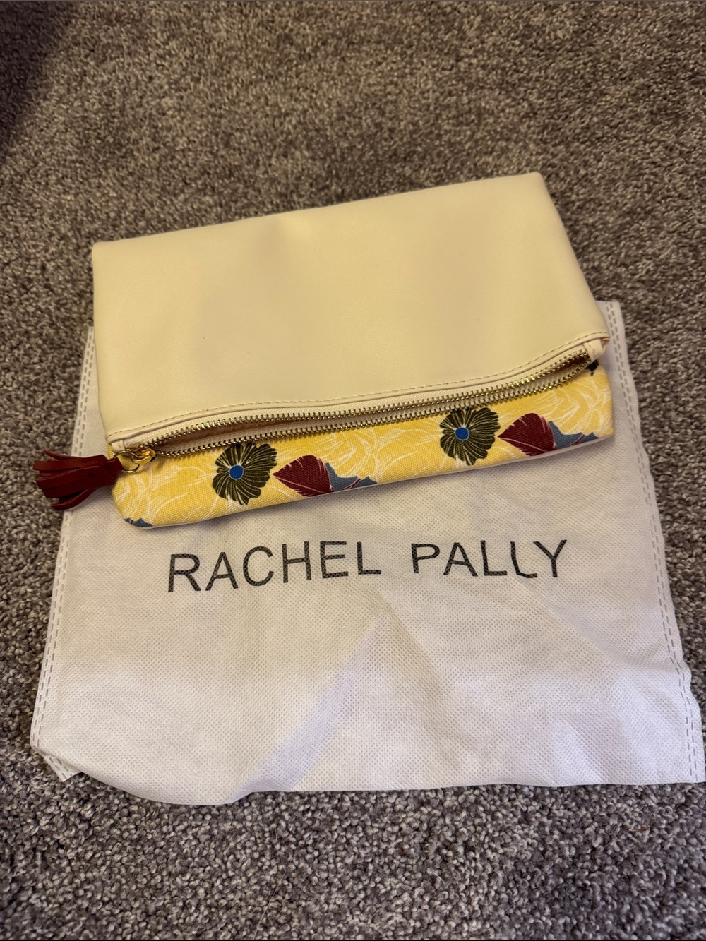 Rachel Pally Cream Fold-Over Clutch with Yellow Floral Zip Panel